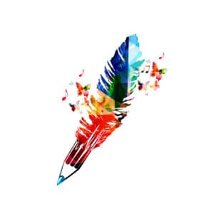 Every Writer is Different Graphic with Pen swirling colors and music nots and creativity