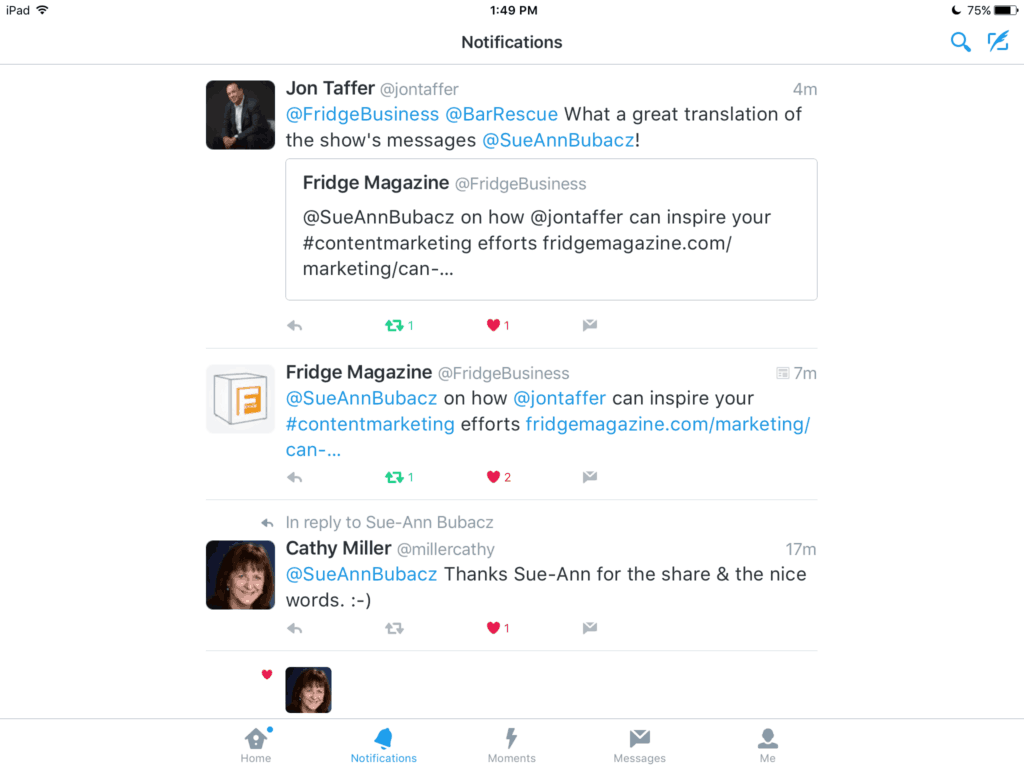 Jon Taffer Twitter interaction with Sue-Ann Bubacz for Article on Write Mix for Business on SMM