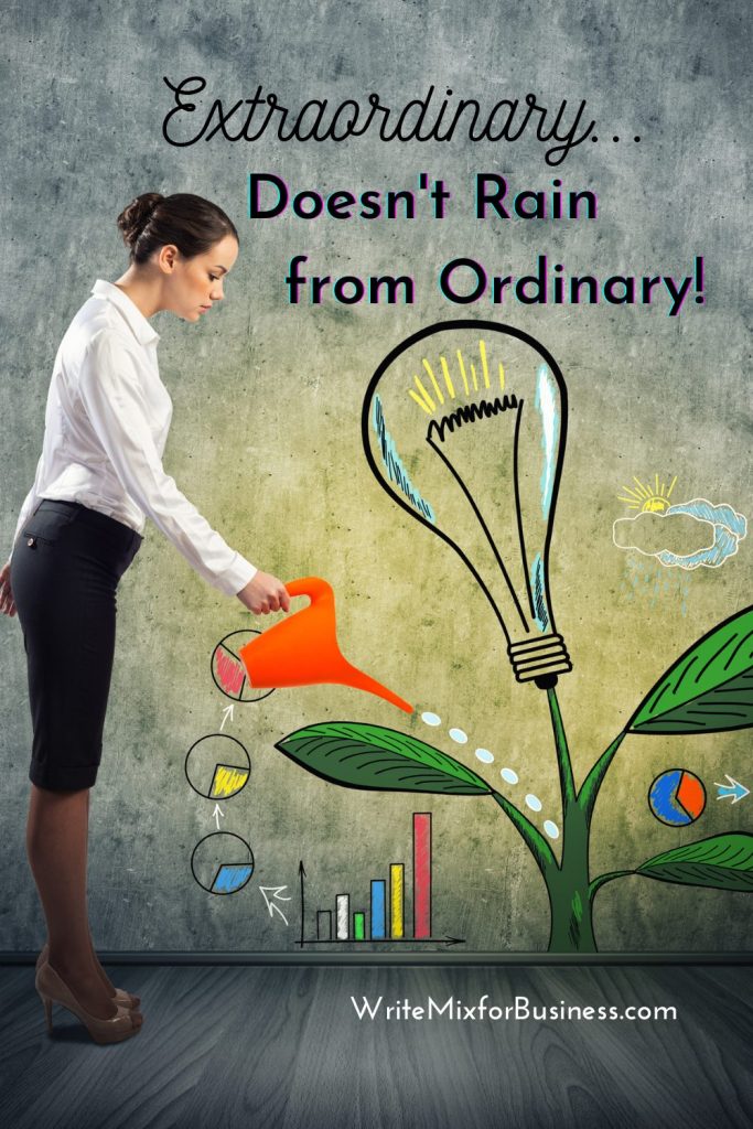 Extraordinary Deosn't Rain from Ordinary, a quote from Sue-Ann Bubacz, Write Mix for Business