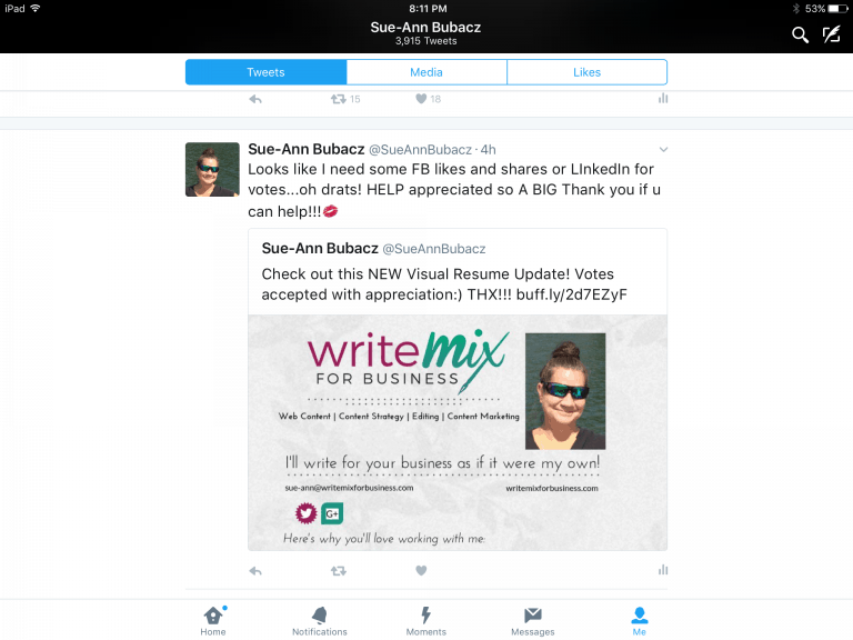 Tweeting for Votes graphic screenshot for post by SueAnn Bubacz