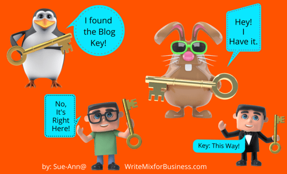 Finding the Key to Blogging visual with characters holding keys for post by Sue-Ann Write Mix for Business