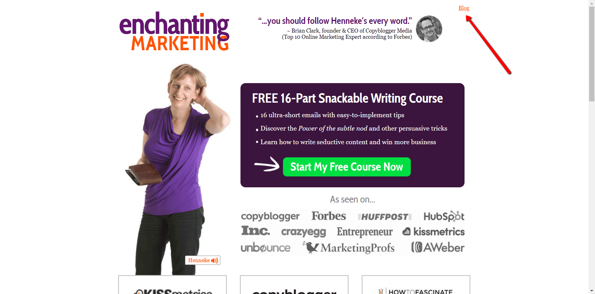Henneke, Enchanting Marketing for a homepage example on Write Mix for Business