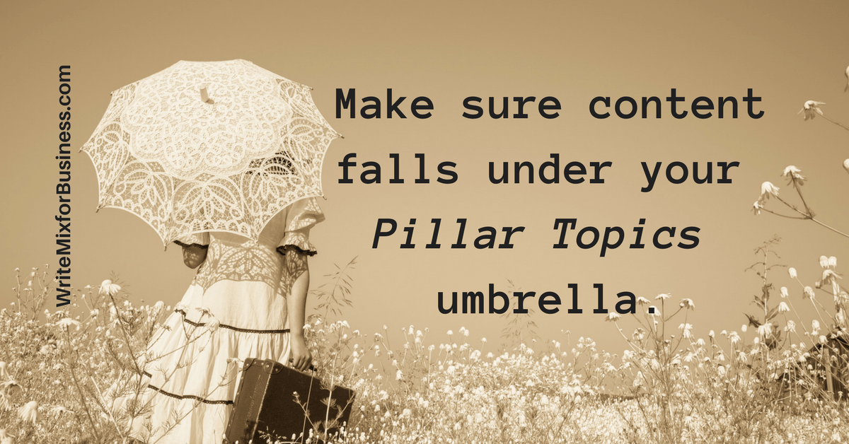 Make sure your content falls under the Pillar Topics umbrella.. visual 3 for Write Mix for Business by Sue-Ann Bubacz cornerstone content post showing little girl and lace umbrella walking away with back to front and lugging a suitcase