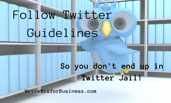 Twitter Jail-visual for Twitter post by Sue-Ann Bubacz showing a wide-eyed blud bird in jail with wording, "Follow Twitter Guidelines sso You don't end up in Twitter jail."