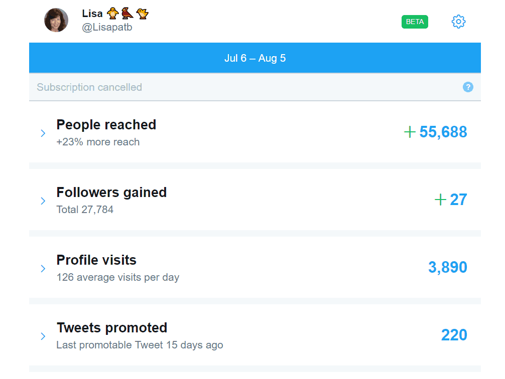 Lisa Sicard Twitter Promote Mode-example showing stats of Lisa Sicard Twitter for post visual one for Write Mix for Business