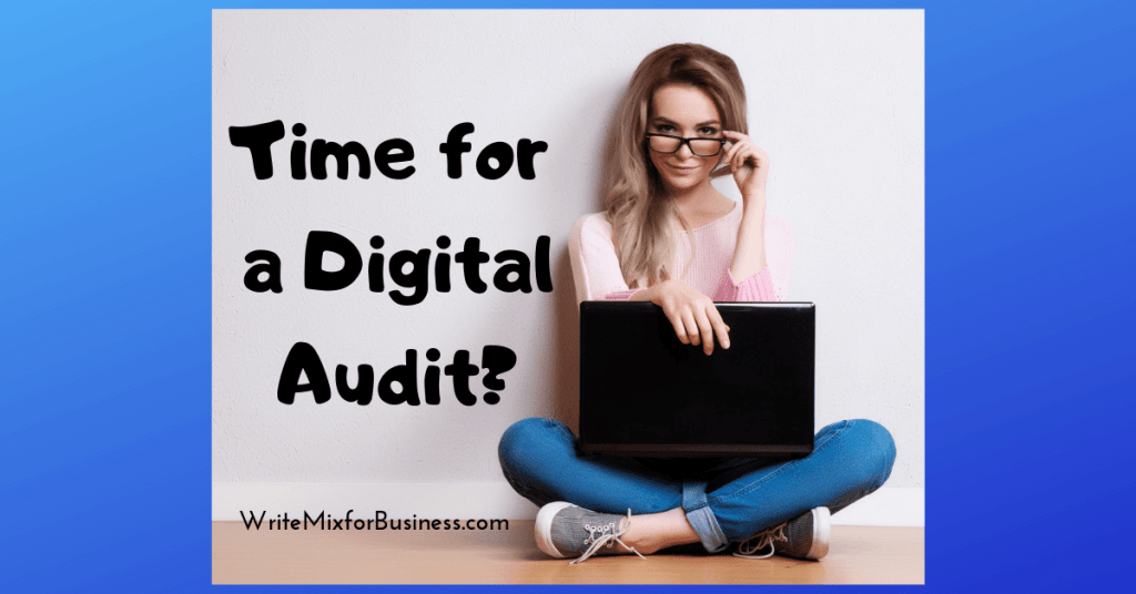 Time for a Digital Audit? says this title visual showing a lady sitting on the floor looking out the top of her glasses with a laptop on her lap. By Sue-Ann for WriteMixforBusiness,com post.