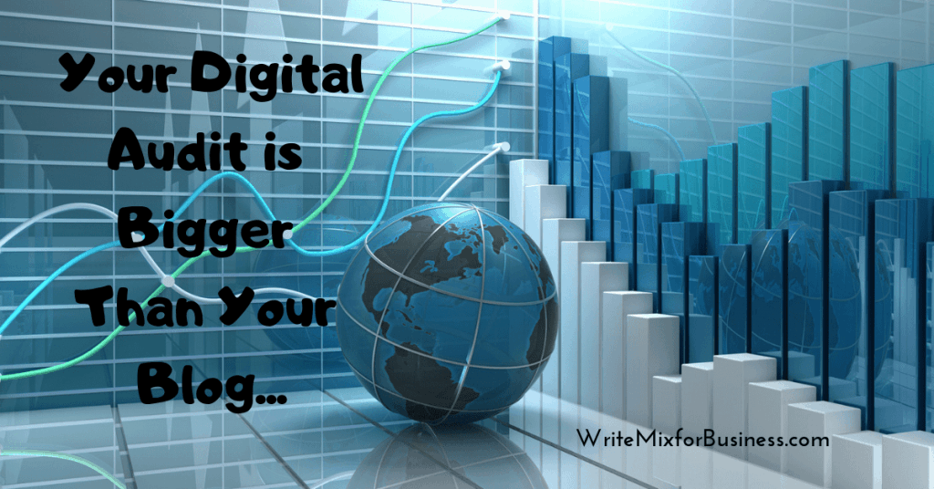 Your Digital Content is Bigger than Your Blog is the text over a 3D world and analytic graphic. By Sue-Ann for Write Mix for business blog post.
