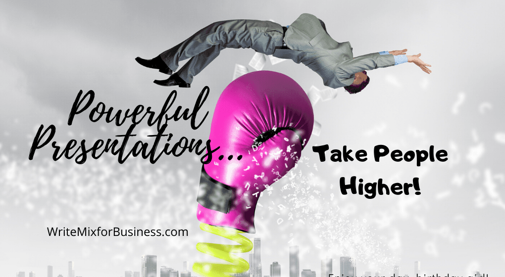 Powerful Presentations ... Take People Higher is the copy on this Title Visual showing a spring with a bright purple boxing glove springing up in the with a guy flying above for a Write Mix for Business post.