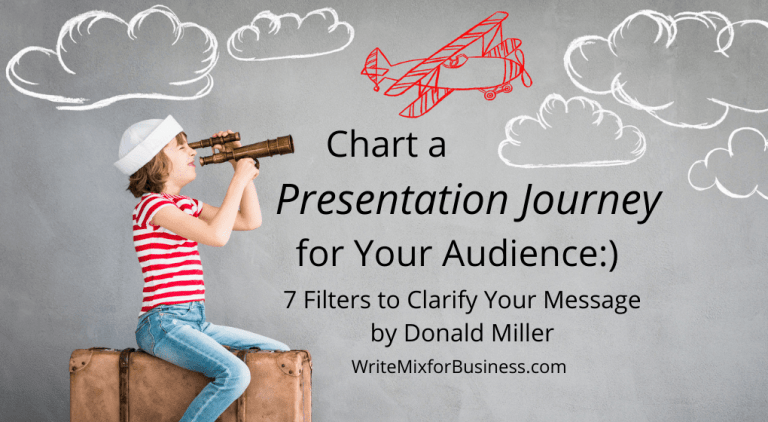 A Presentation Process Title Visual with the Text, "Chart a Presentation Journey for your Audience...7 Filters to Clarify Your Message by Donald Miller post by Sue-Ann Bubacz