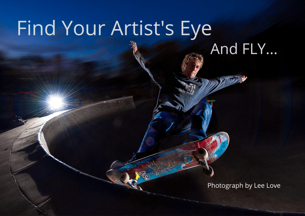 Original photograph by Lee Love showing a skateboarder in action and with extreme lighting effects flying in the darkness used as Title image for Write Mix for Business post by Sue-Ann Bubacz with copy: Find Your Artist's Eye and FLY...