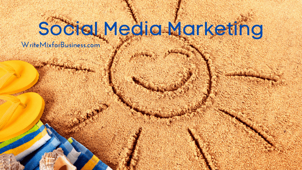 Find Strategic Social Savvy for Social Media Marketing visual two showing a sunshine drawing etched in the sand and the text, Social Media Marketing.