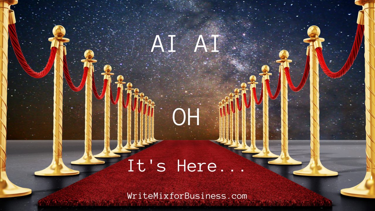 AI AI OH: Artificail Intelligence is Here is the copy on a red carpet with stanchions and red rope runway leading to a vast star-filled dark sky 