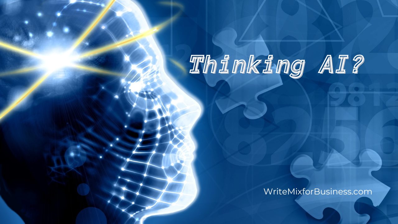 Thinking AI? headline for title visual on blue puzzle background with futuristic face mask-like person's head, eyes closed with light glowing from brain