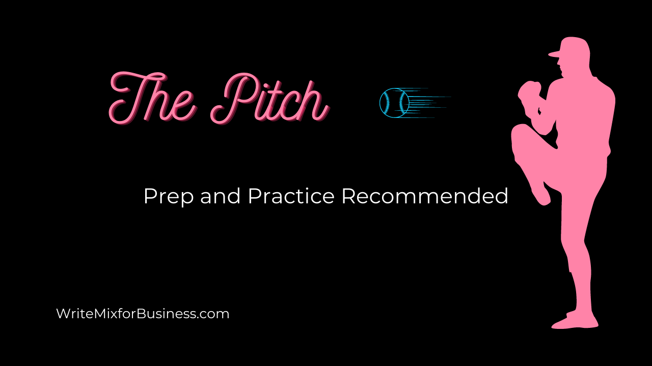 The Pitch showing an outline of a baseball pitcher and a zooming ball and copy saying "Prep and Practice Recommended" for sponsorship post by Sue-Ann Bubacz, visual two