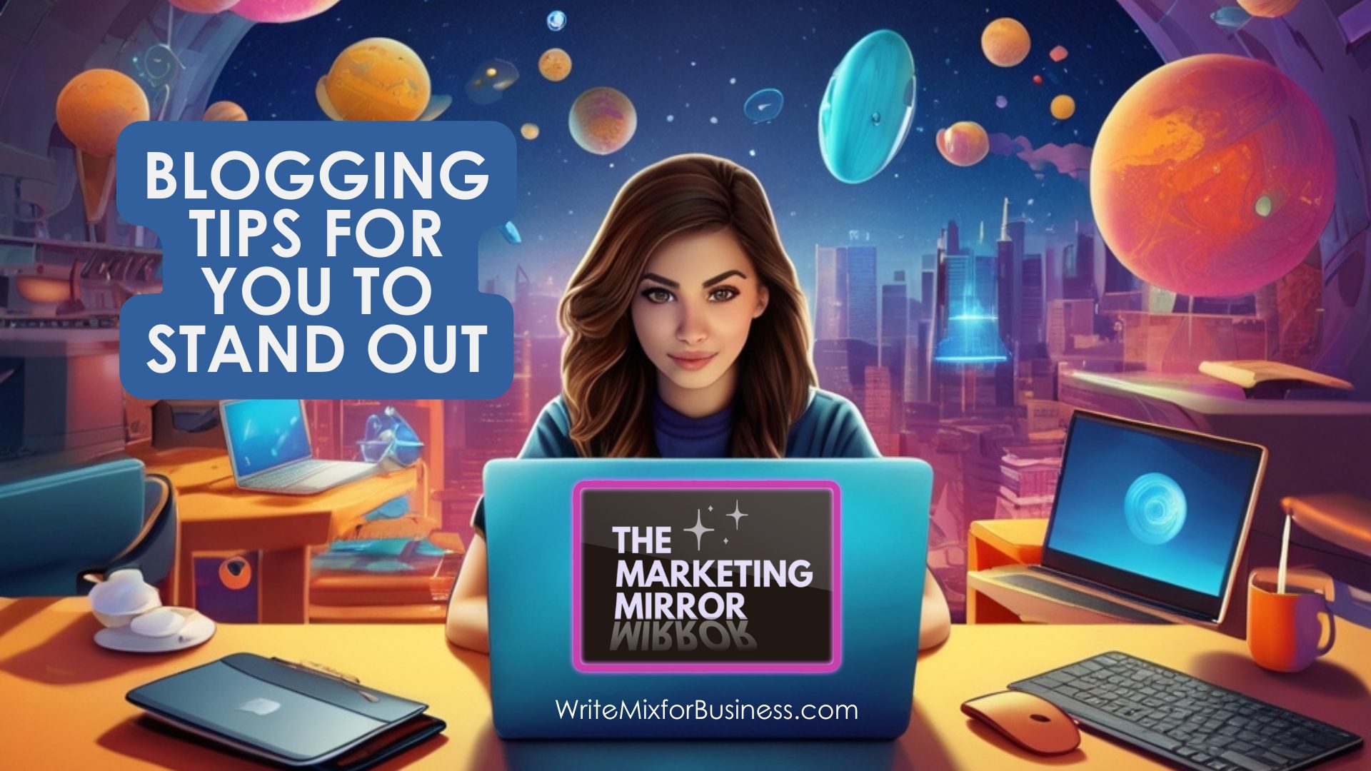 Blogging 2024: Tips to Stand Out by Sue-Ann Bubacz; AI generated image of woman blogging on her laptop