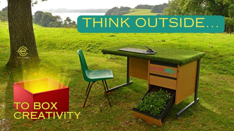 Think Outside to Box Creativity Title Visual for Write Mix for Business