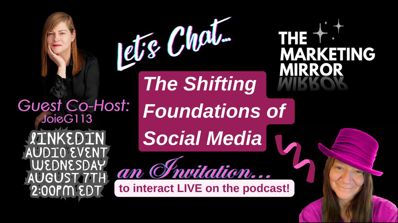 6 Let's Chat image showing Guest Co-Host Joie GHarrity and the topic for the LinkedIn Live Premiere Audio Event on August 7th 2024 called, The Shifting Foundations of Social Media for The Marketing Mirror Podcast by Sue-Ann